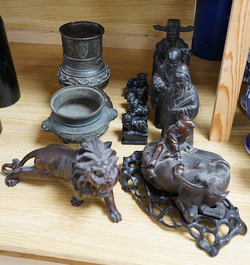 A group of Chinese bronzes and wood carvings, tallest 23.5cm. Condition - fair to good